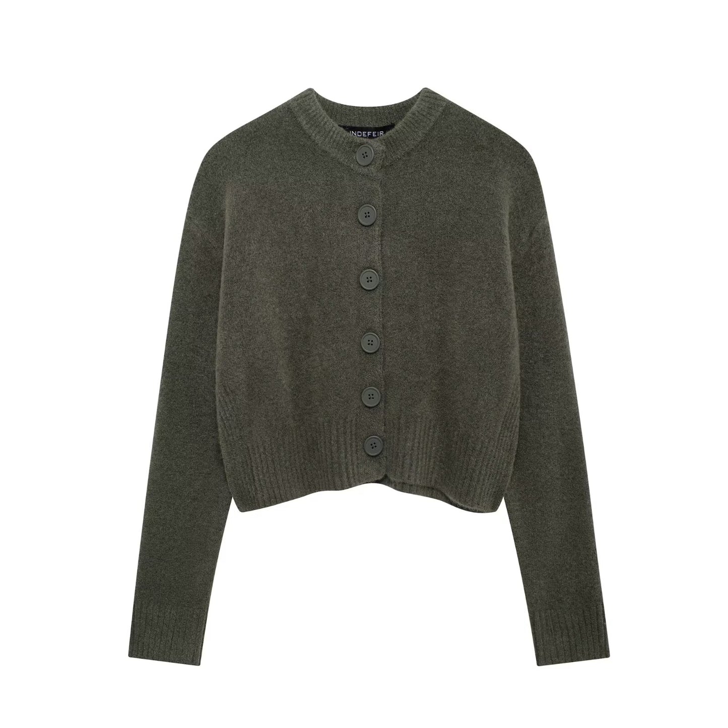 Fall Women Clothing Loose Fitting Casual round Neck Long Sleeve Short Soft Knitted Jacket Green