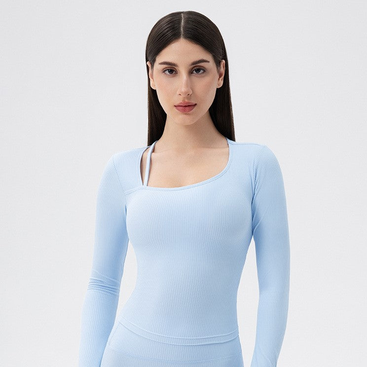 Yoga Wear Long Sleeve Women Chest Pad Nude Feel Striped Slimming Quick Drying Running Sports Fitness Top