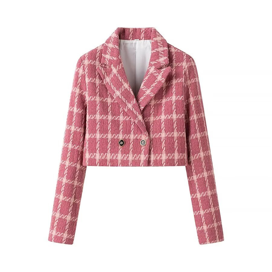 Winter Women Clothing Fashionable Elegant Collared Long Sleeve Breasted Short Plaid Coat