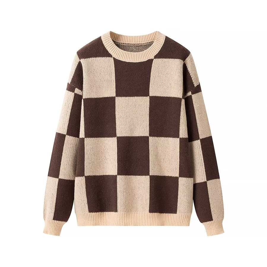 Winter Women Clothing Casual All Match round Neck Long Sleeve Plaid Mid Length Sweater