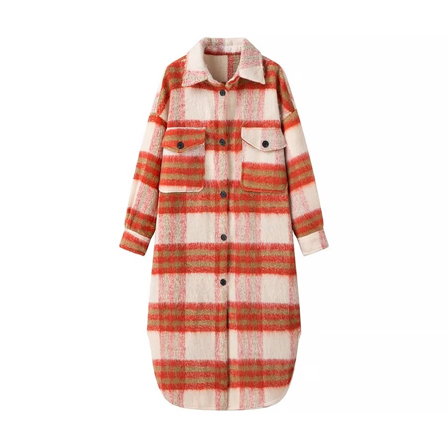 Autumn Women Clothing Multicolor Plaid Mid Length Coat