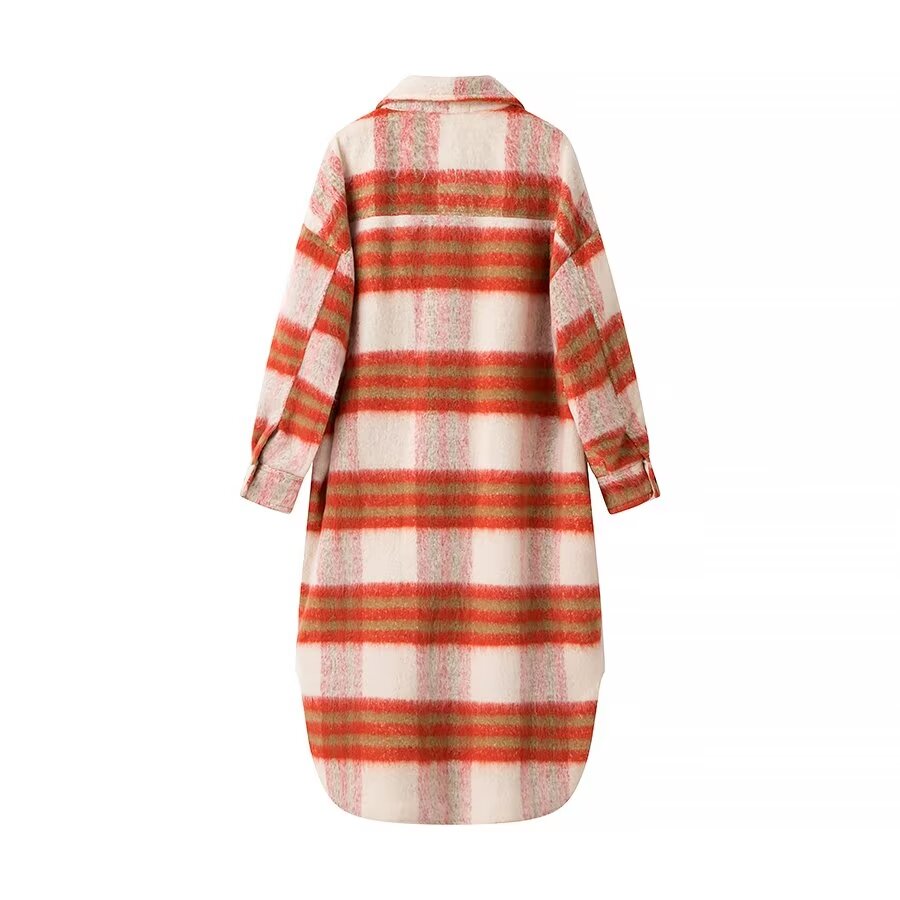 Autumn Women Clothing Multicolor Plaid Mid Length Coat