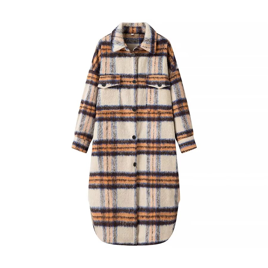 Autumn Women Clothing Multicolor Plaid Mid Length Coat