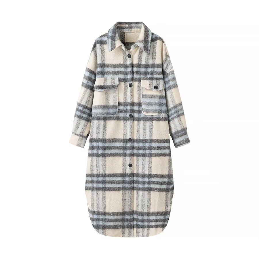 Autumn Women Clothing Multicolor Plaid Mid Length Coat One Size Blue Plaid