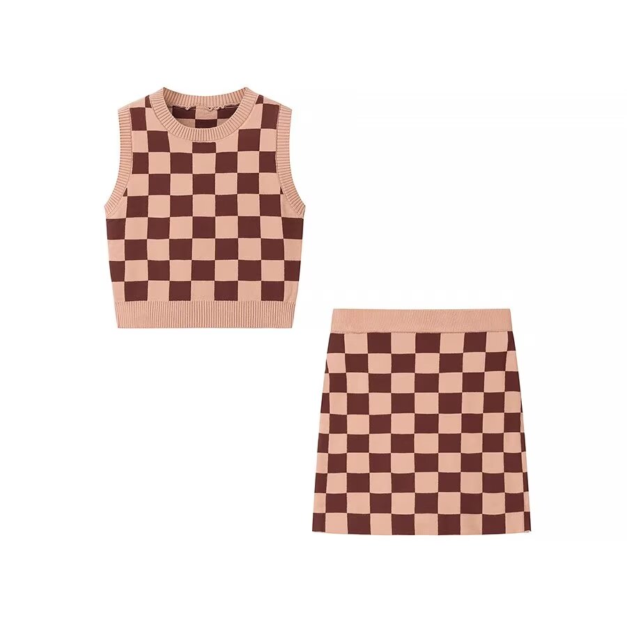 Women Clothing Preppy Chessboard Plaid Knitting Suit Sleeveless Vest Top Skirt