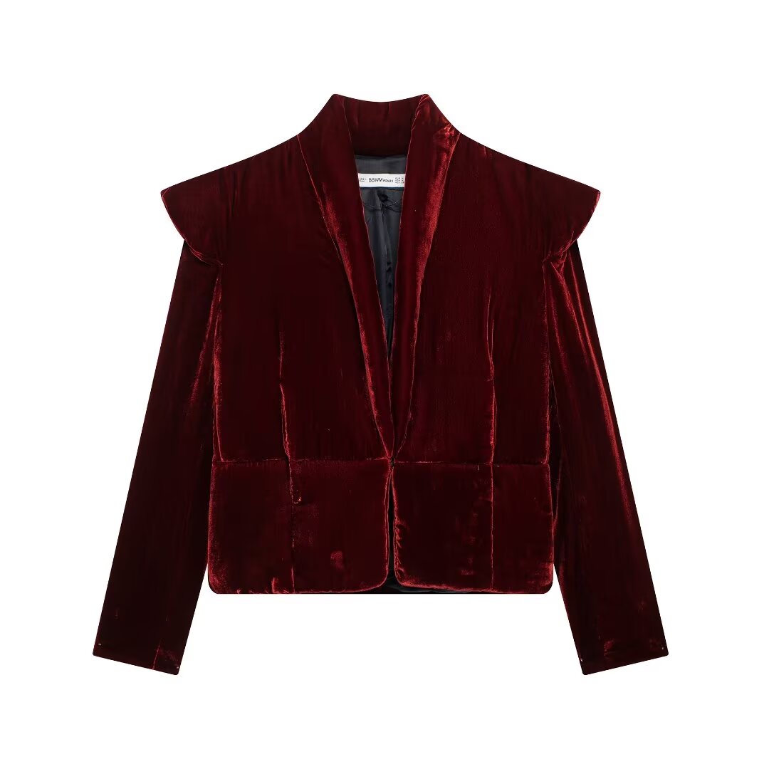 Autumn Women Stylish Long Sleeves V neck Velvet Cotton Coat Jacket Deep Red