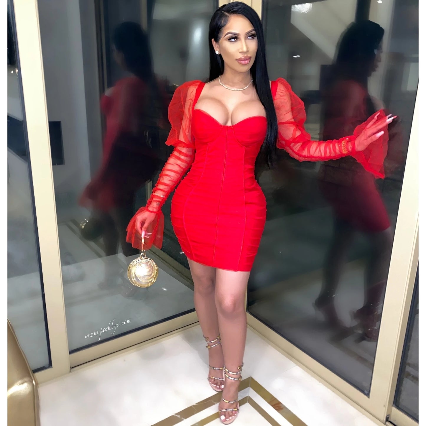 Women Clothing Sexy Bandeau Stitching Mesh Sleeves Night Club Slimming Dress Red