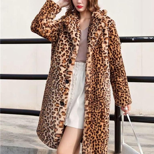 Leopard Print Coat for Women Winter Slim Fit Slimming Faux Fur Leopard Print Long Warm Thickened Plush Coat