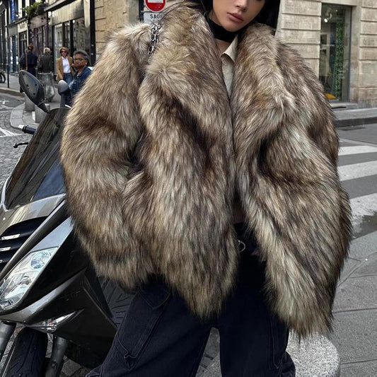 Women Fur Coat Raccoon Fur Coat Brown Collared Environmental Protection Fur Warm Furry Coat Casual