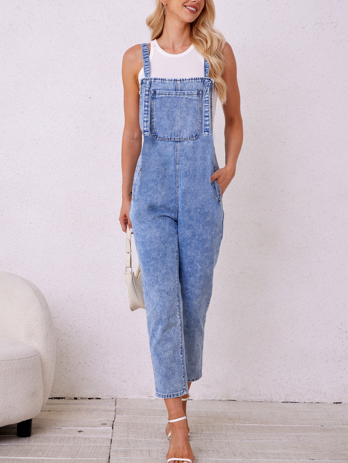 Loose Casual Suspenders Pants Autumn Women Clothing Denim Lace up One Piece Pants Length Light Blue