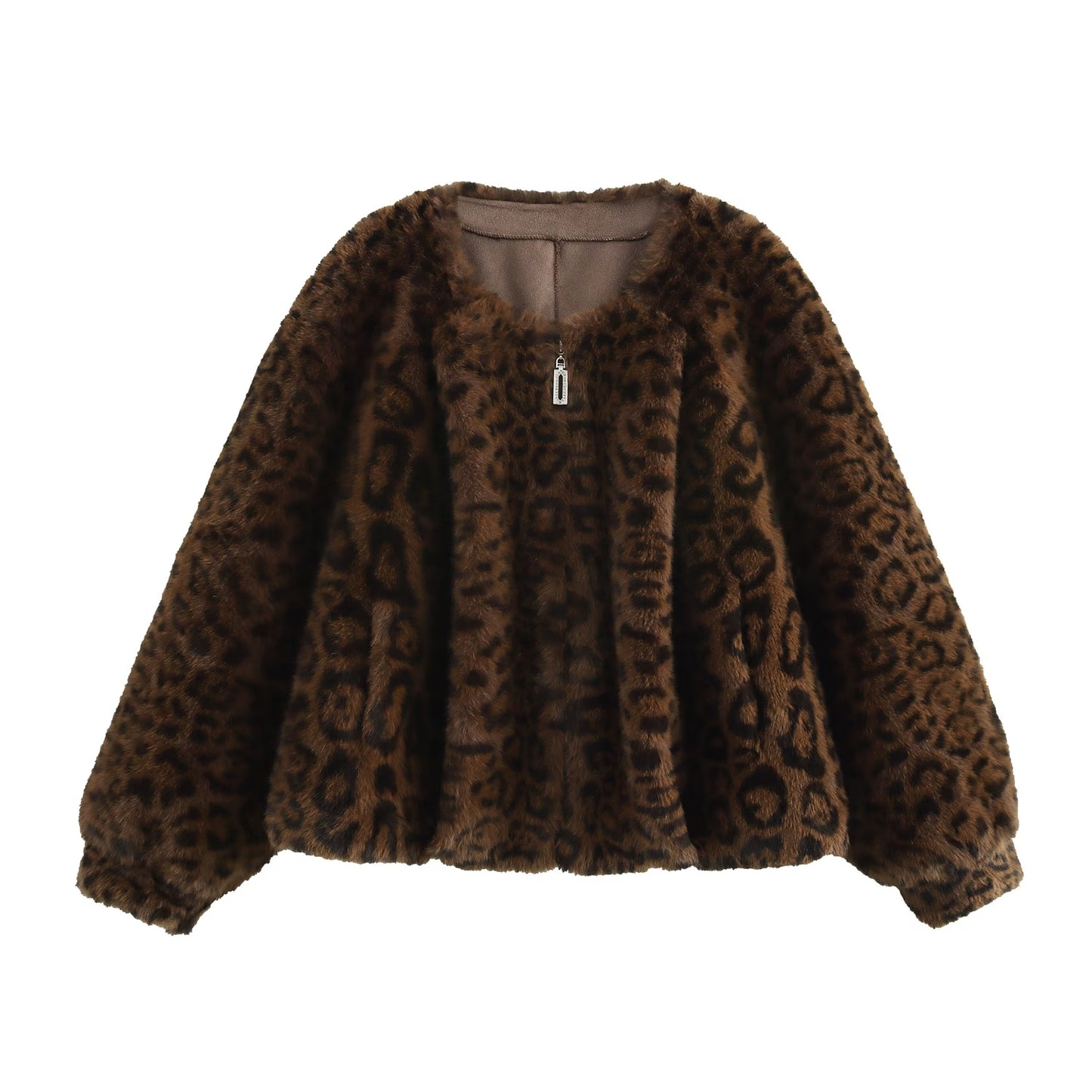 Women Clothing Winter round Neck Zipper Leopard Fur Warm Faux Fur Coat