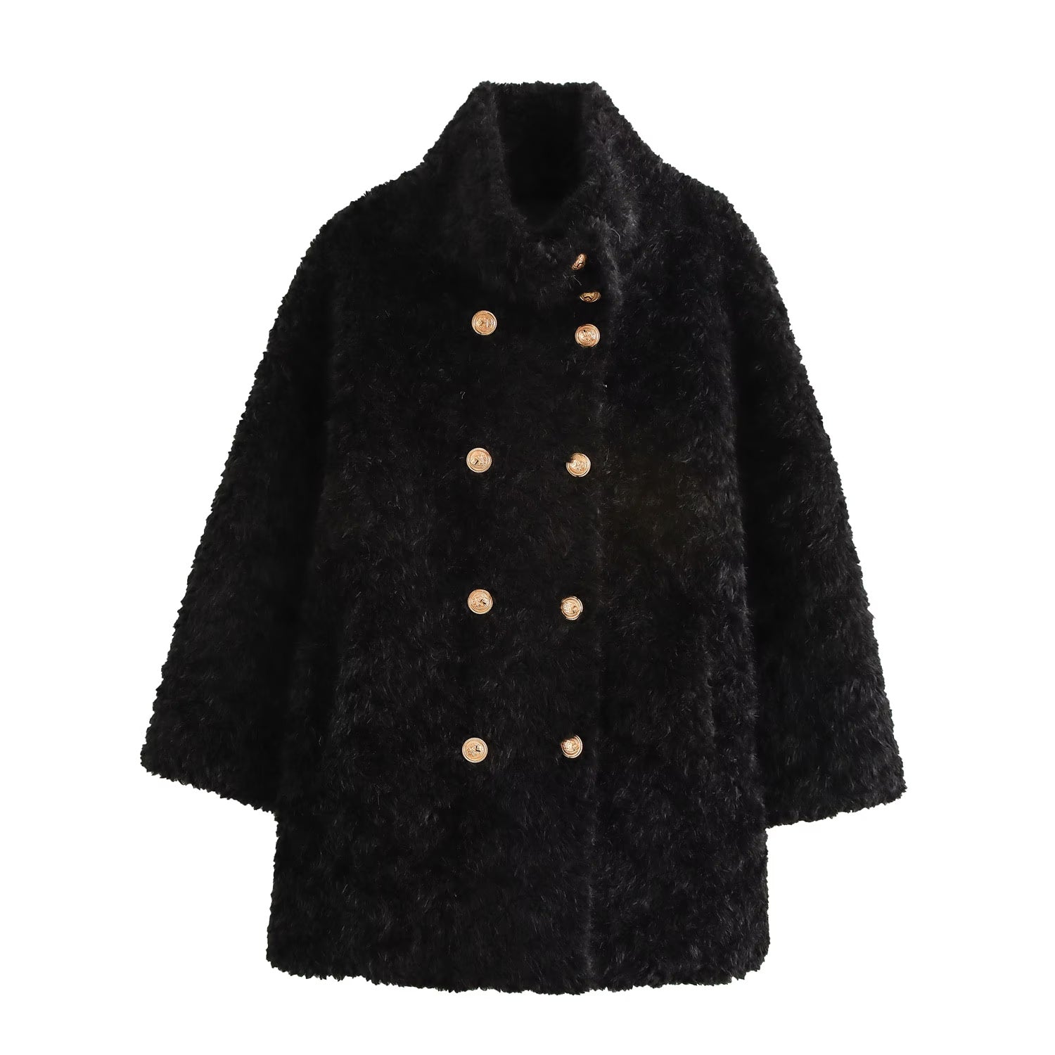 High Collar Double Breasted Mid Length Furry Coat Autumn Winter Niche Casual Top Women One Size Black