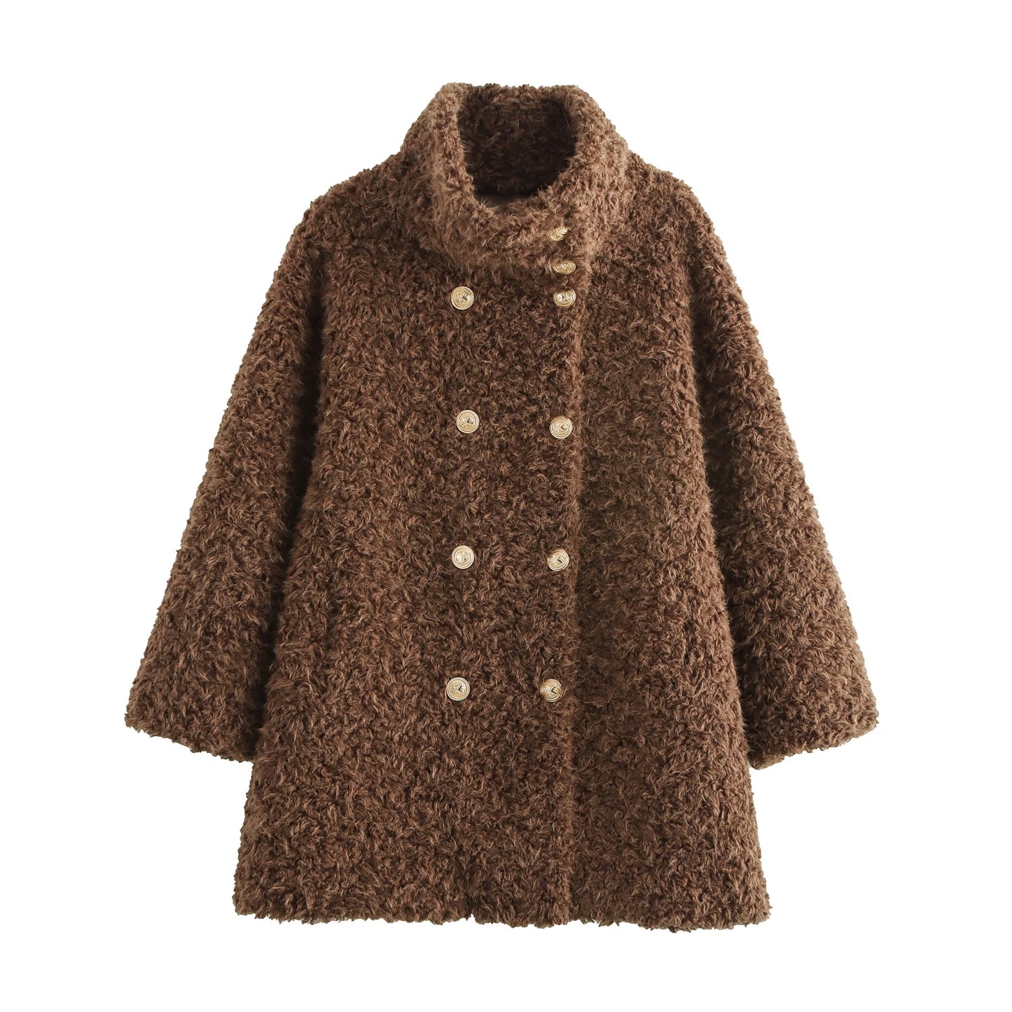 High Collar Double Breasted Mid Length Furry Coat Autumn Winter Niche Casual Top Women One Size Brown