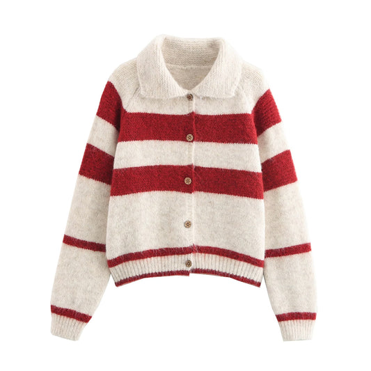 Wide Striped Contrast Color Lapels Knitted Sweater Cardigan Coat