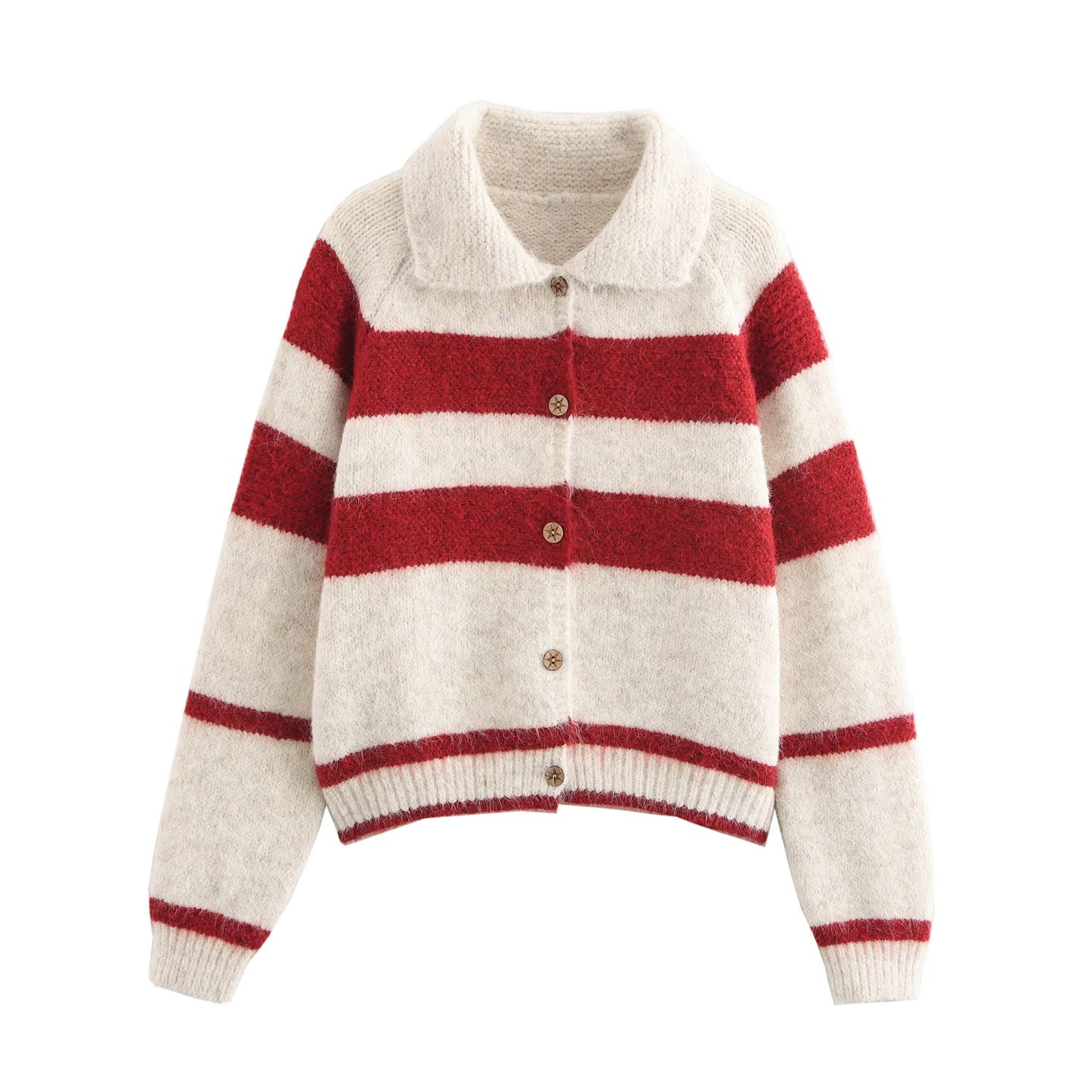 Wide Striped Contrast Color Lapels Knitted Sweater Cardigan Coat One Size Red