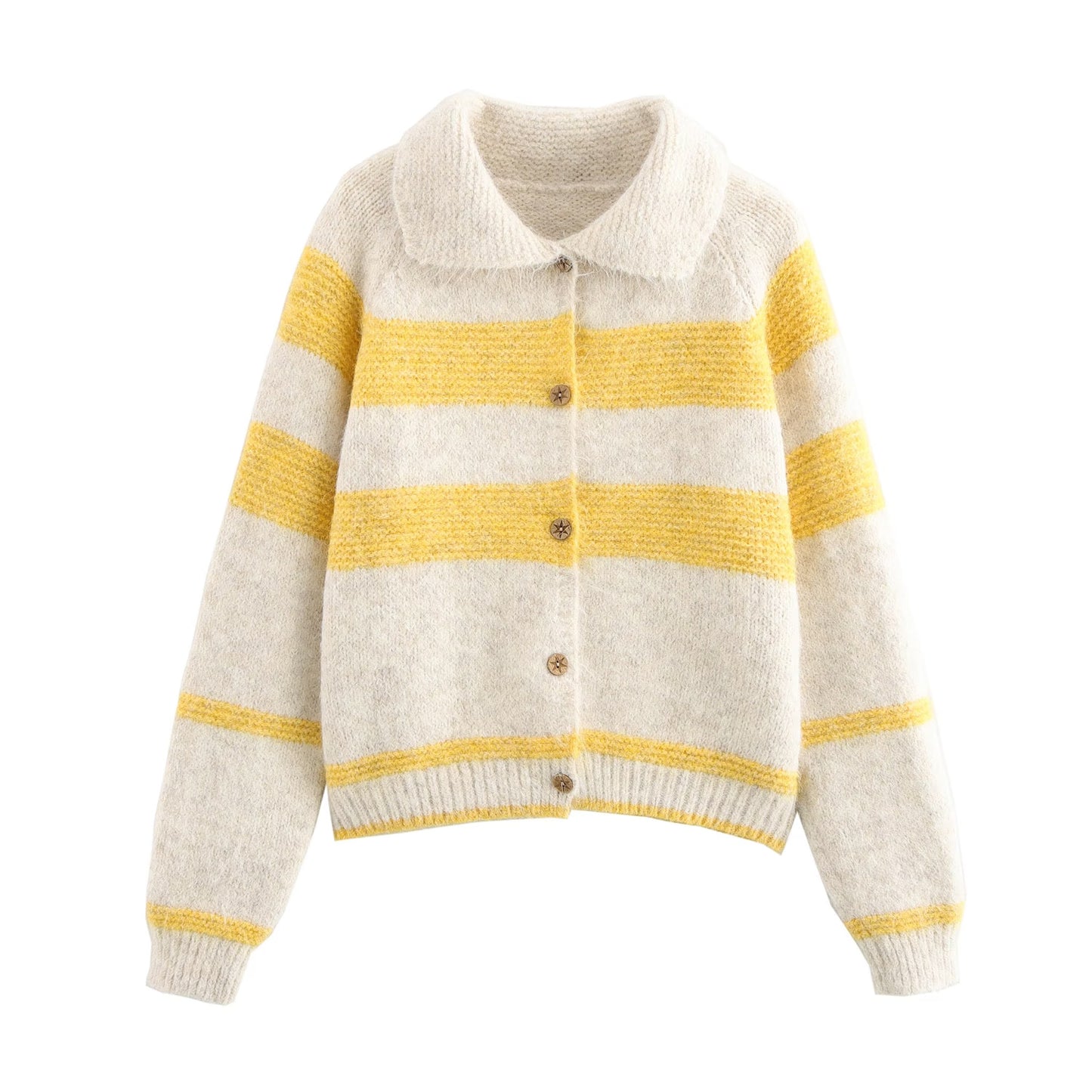 Wide Striped Contrast Color Lapels Knitted Sweater Cardigan Coat One Size Yellow