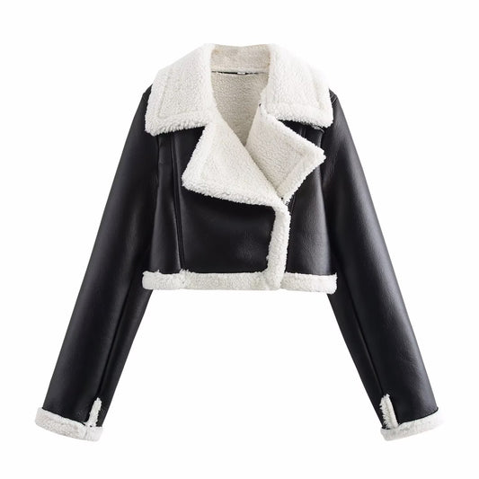 Winter Women Clothing Collared Faux Shearling Jacket Fleece Double Sided Short Jacket