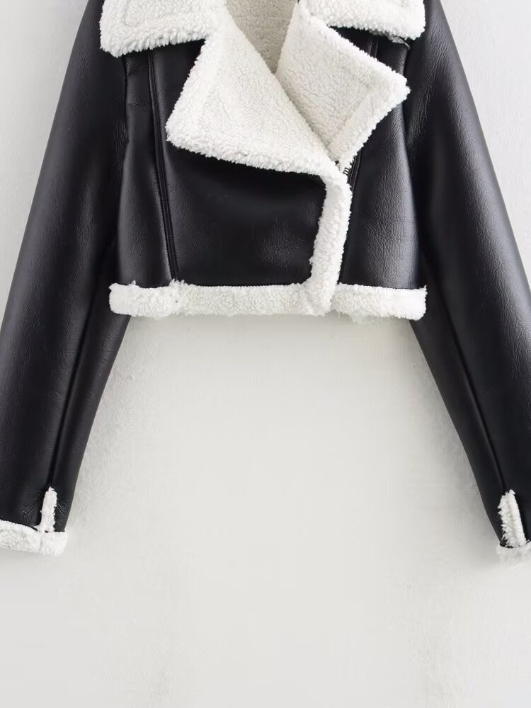 Winter Women Clothing Collared Faux Shearling Jacket Fleece Double Sided Short Jacket