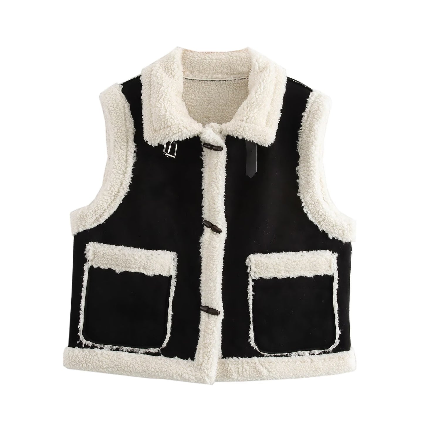 Winter Contrast Color Lamb Fur Suede Motorcycle Sleeveless Fur Vest Vest Coat Women One Size Black