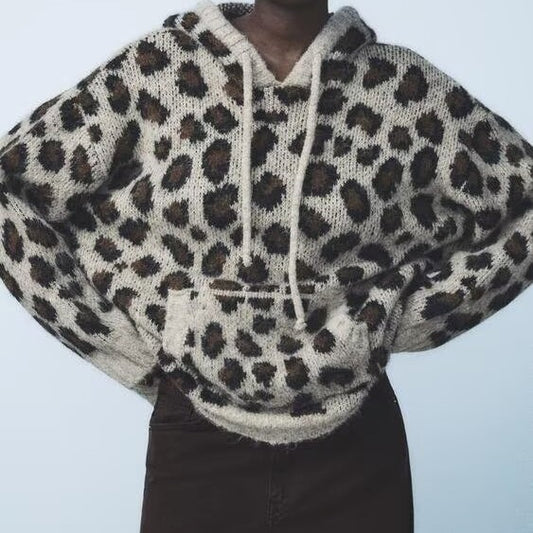 Autumn Women Street Hooded Leopard Jacquard Knitted Sweater