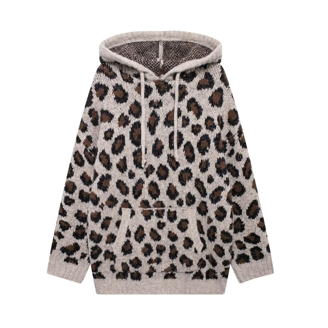 Autumn Women Street Hooded Leopard Jacquard Knitted Sweater Multi