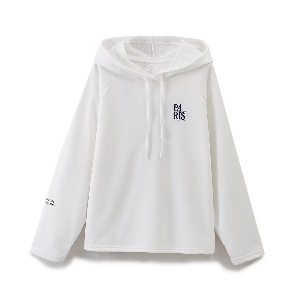 Women Clothing Spring Office All Matching Letter Graphic Embroidered Decorative Hooded Sweater White