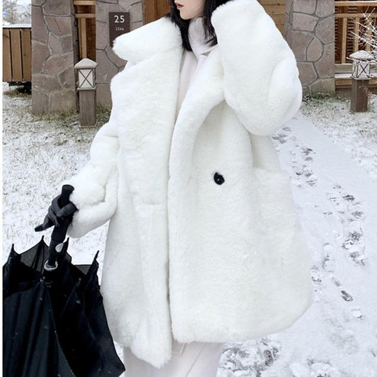 Korean Winter Coat Loose Faux Fur coat Collar Thick White Marten Fur Plush Overcoat