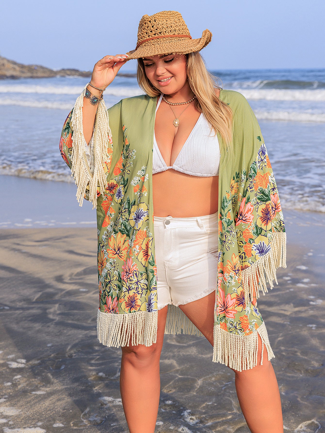 Plus Size Bohemian Printed Women Casual Vacation Beach Tassel Blouse Cardigan Women Clothes Tassel Coat Matcha