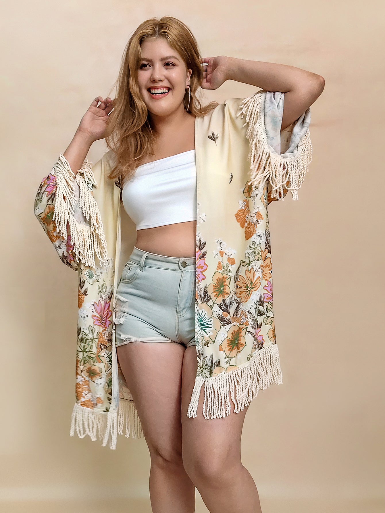 Plus Size Bohemian Printed Women Casual Vacation Beach Tassel Blouse Cardigan Women Clothes Tassel Coat