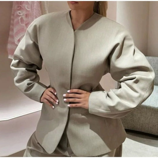 Elegant Solid Color Polo Collar Micro Pull Sleeve Coat Autumn Winter Women Pocket Office Coat