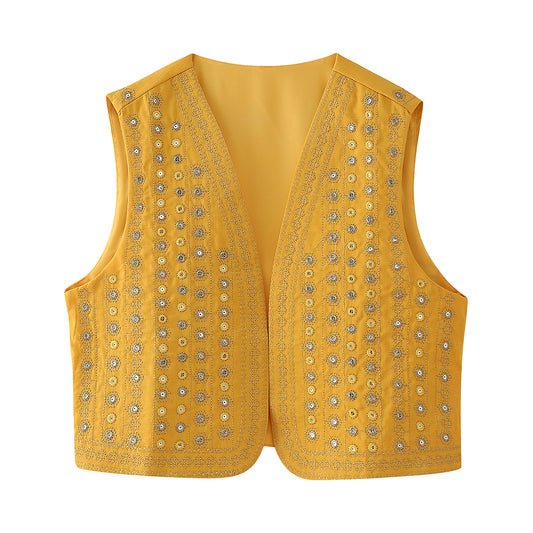 Top Autumn Retro Beads Decoration Embroidered Vest Coat