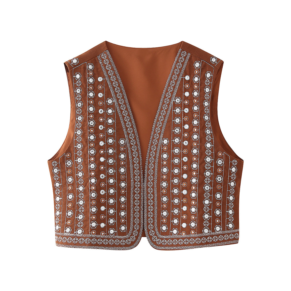 Top Autumn Retro Beads Decoration Embroidered Vest Coat Brown