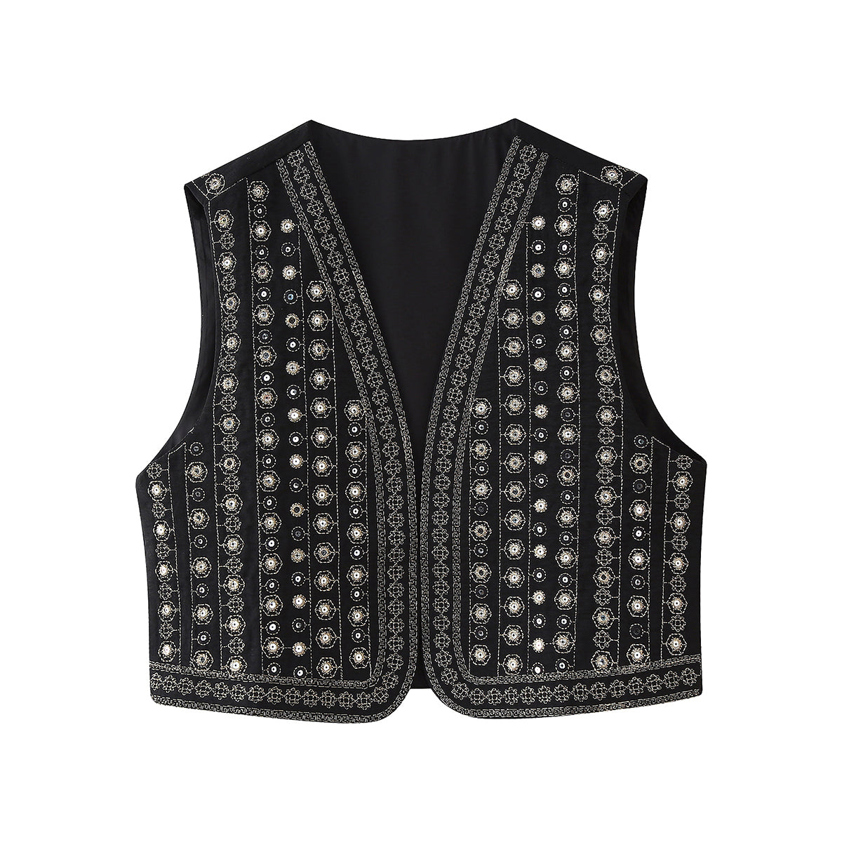 Top Autumn Retro Beads Decoration Embroidered Vest Coat Black