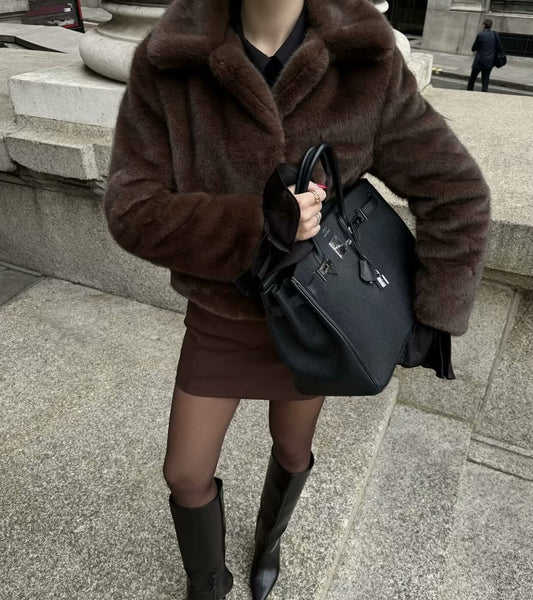 Women Clothing Brown Fluffy Artificial Hair Leather Jacket Coat