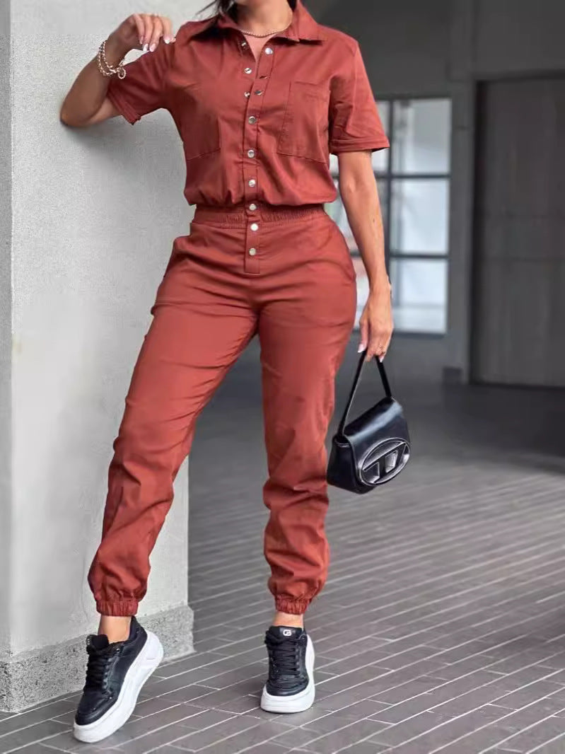 Casual Women Ankle Tied Jumpsuit Collared Pocket Waist Elastic Button Jumpsuit