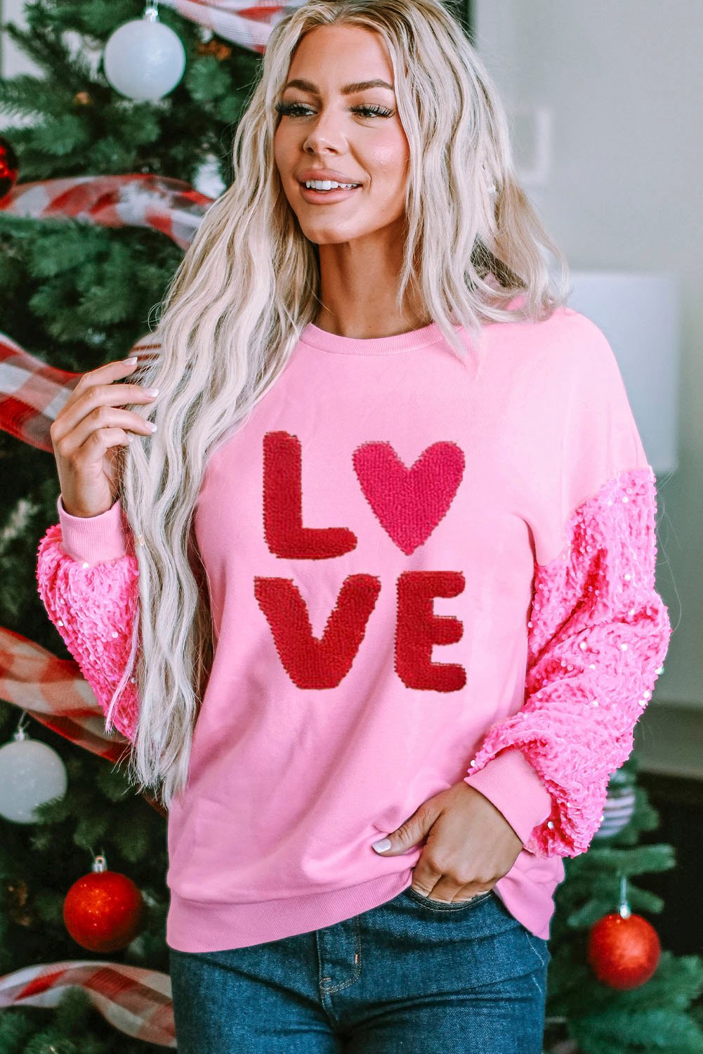 Women Clothing Valentine Day Sequined Sleeves All Match Top Sweet Long Sleeve Sweater for Women