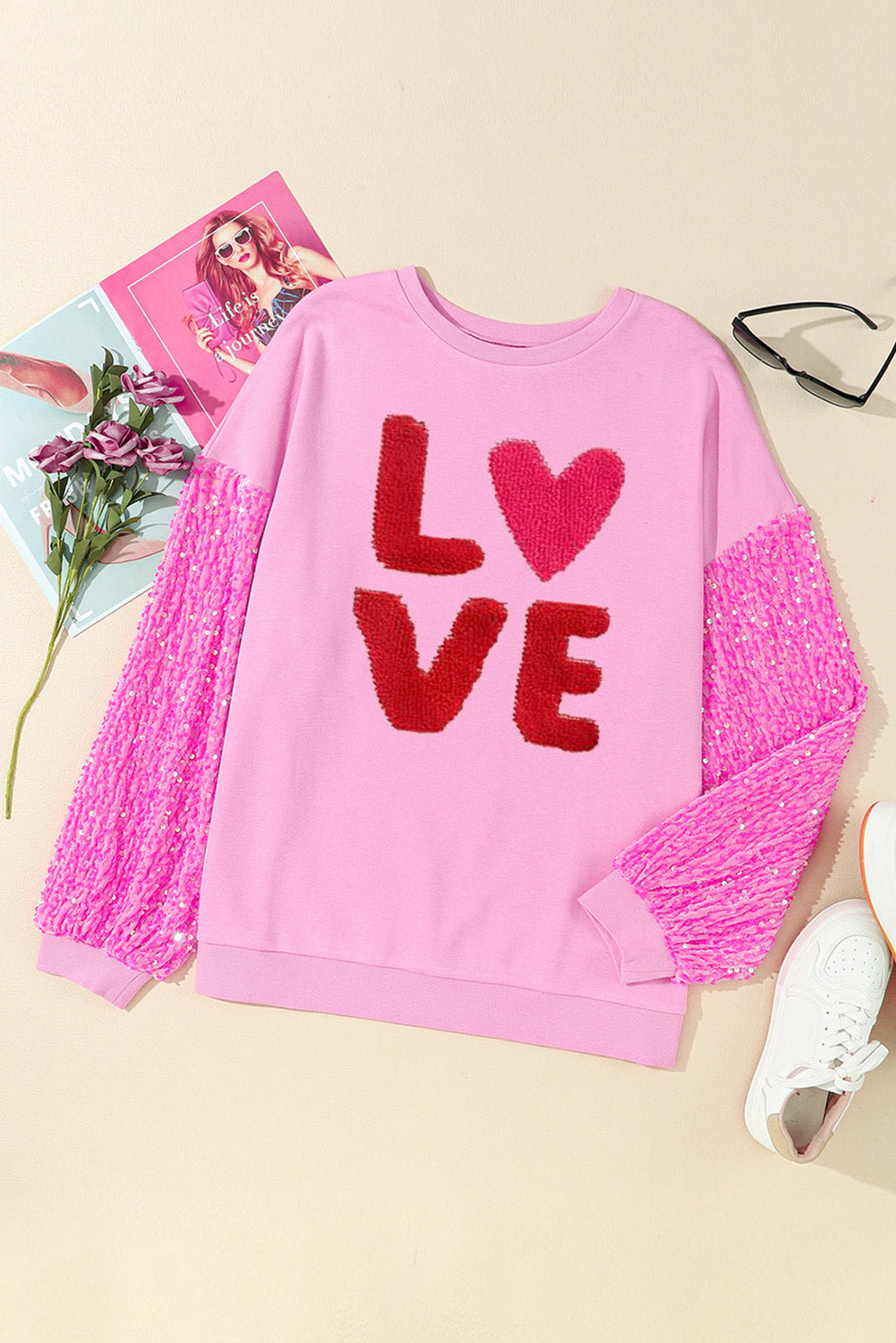 Women Clothing Valentine Day Sequined Sleeves All Match Top Sweet Long Sleeve Sweater for Women