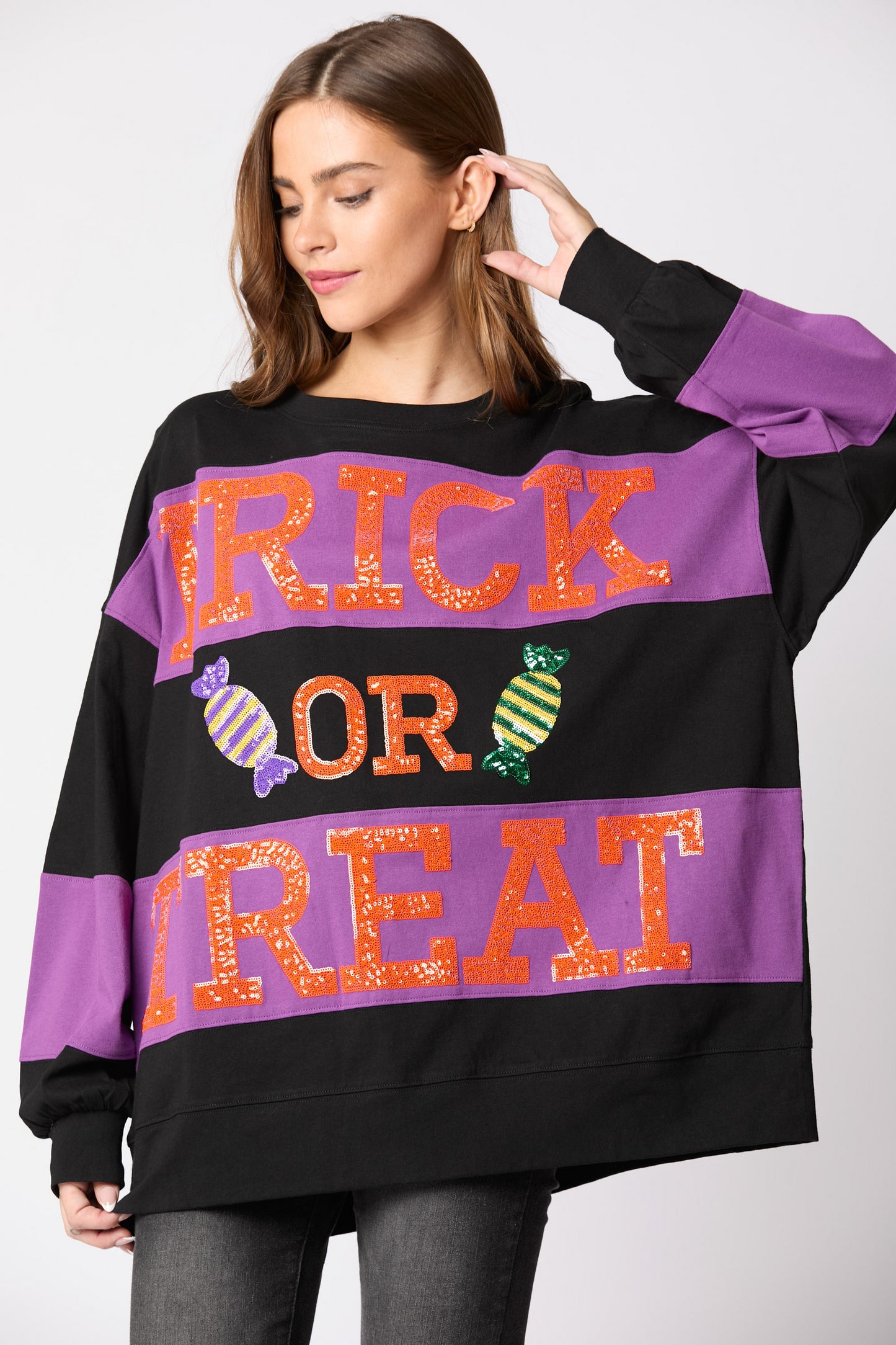 Autumn Winter Women Halloween Alphabet Sequ Multicolor Hoodie Casual Top for Women Black