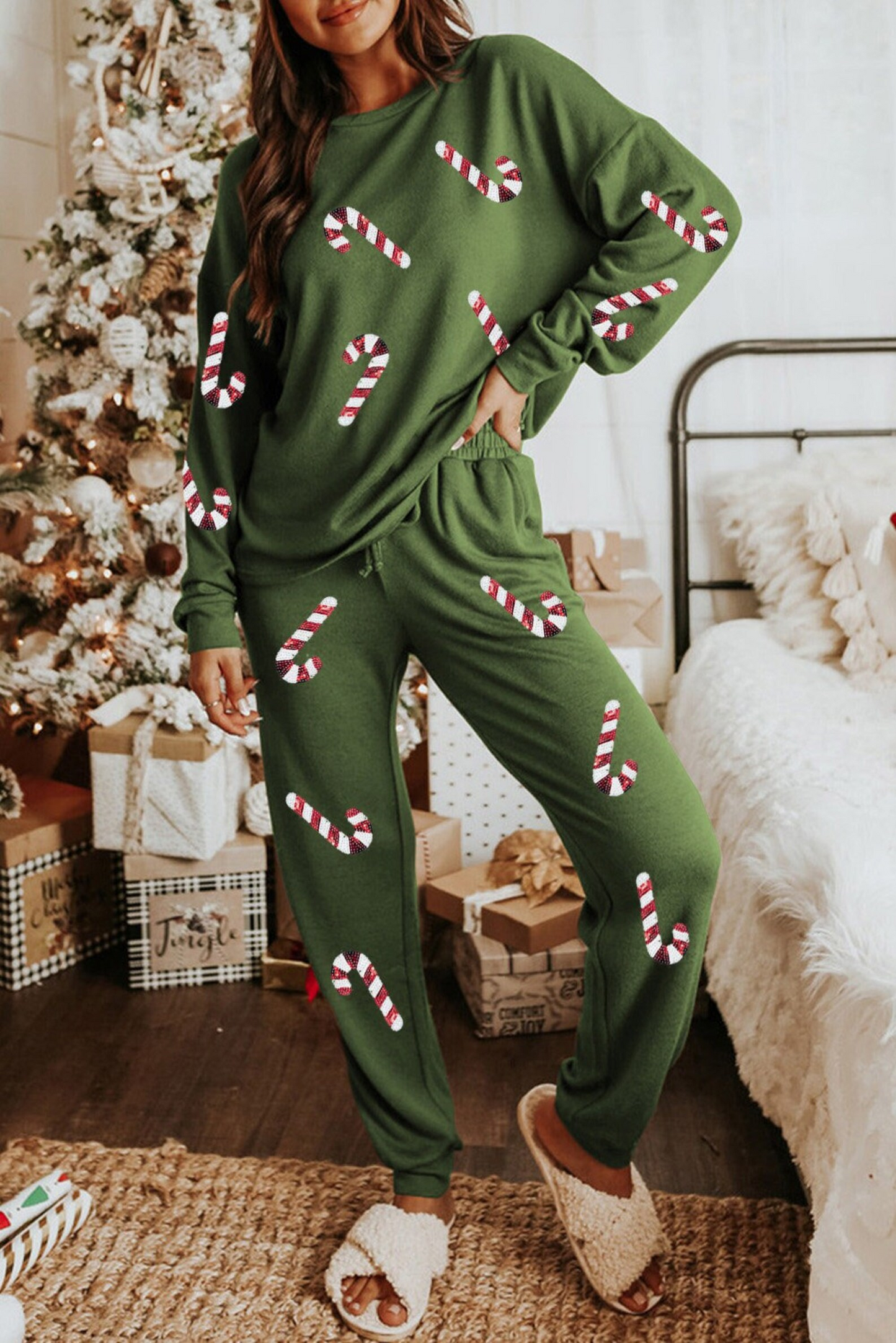 Autumn Winter Women Clothing Christmas Sequ Long Sleeve Pants Two Piece Set Casual Set