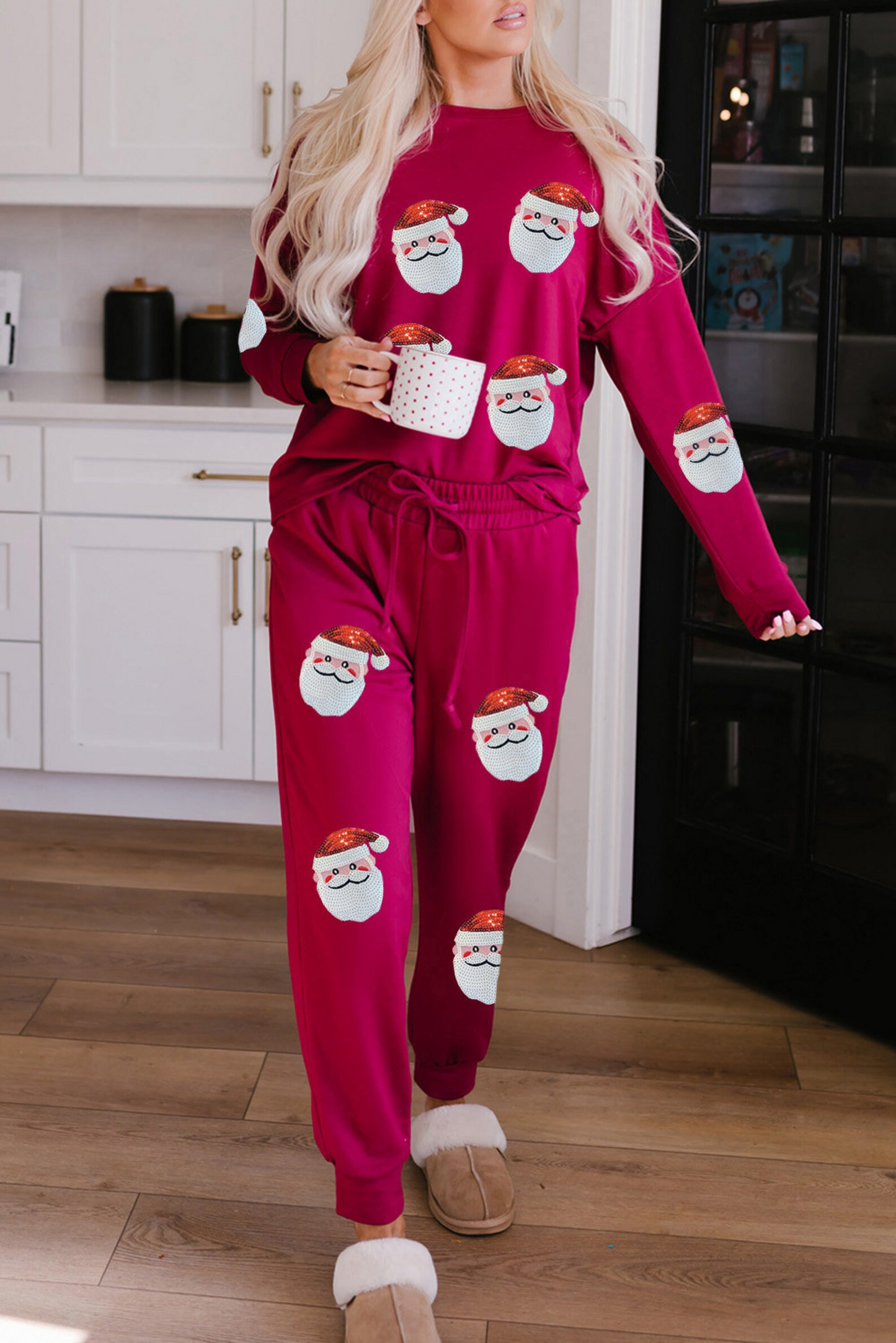 Autumn Winter Women Clothing Christmas Sequ Long Sleeve Pants Two Piece Set Casual Set Wine Red Santa Claus