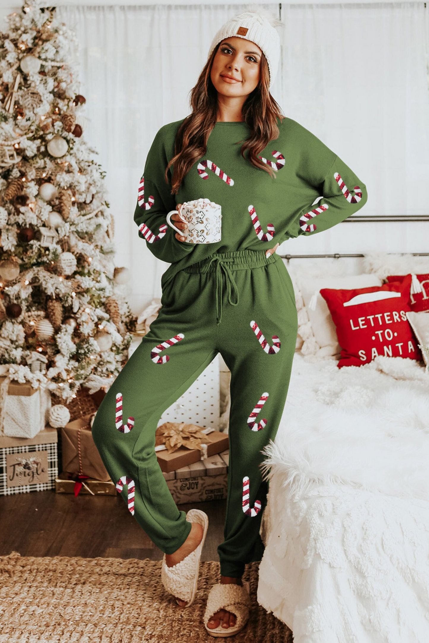 Autumn Winter Women Clothing Christmas Sequ Long Sleeve Pants Two Piece Set Casual Set