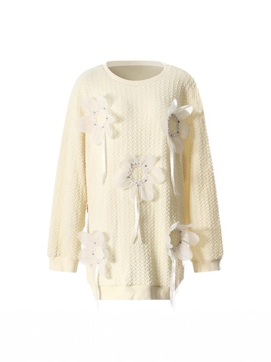 Mid Length Autumn Winter Solid Color Three Dimensional Floral Beaded Loose Outer Wear Sweater