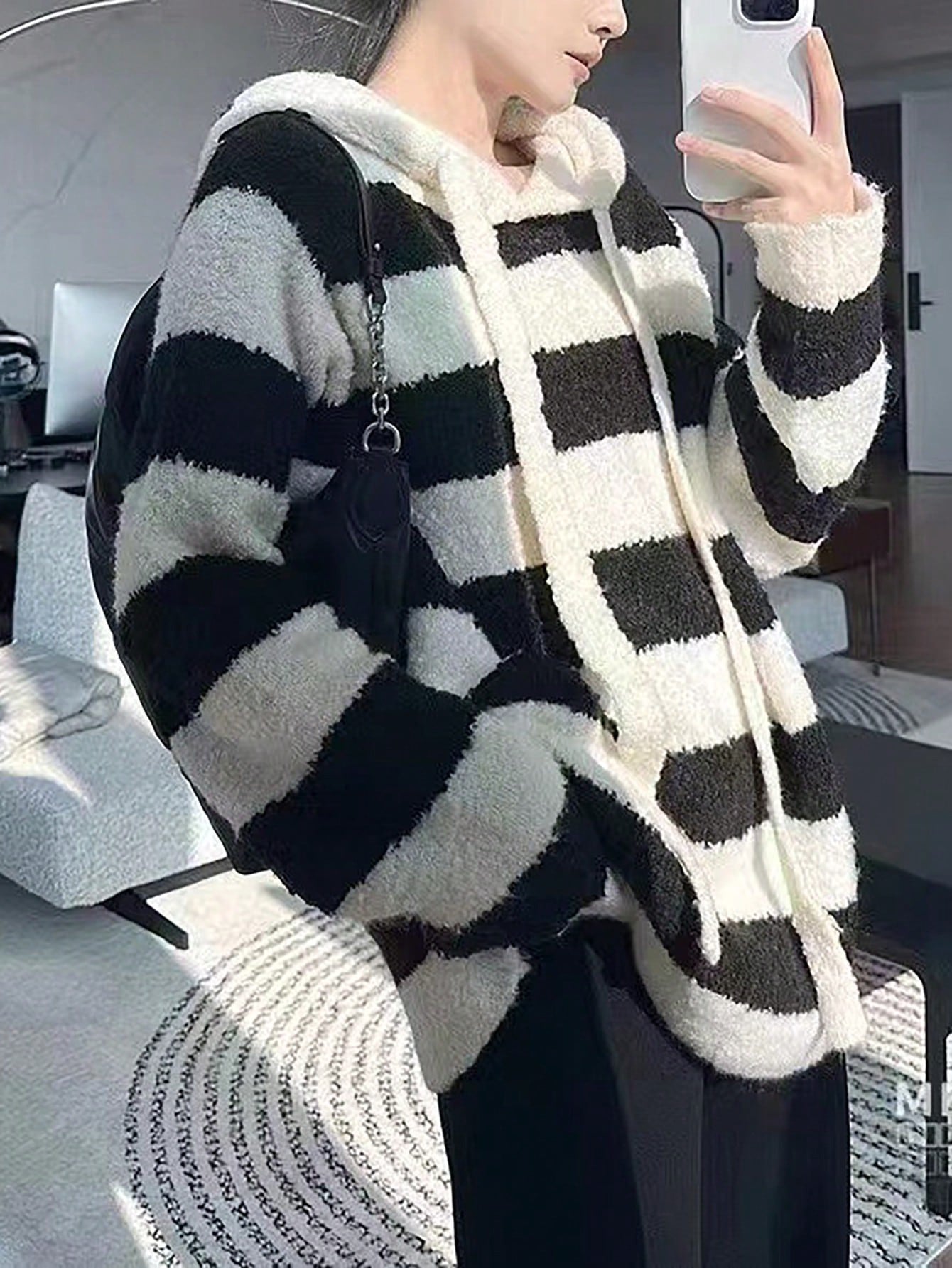 Autumn Winter Black White Striped Hooded Drawstring Knitted Pullover Women Idle Loose Casual Sweater Top Black and white