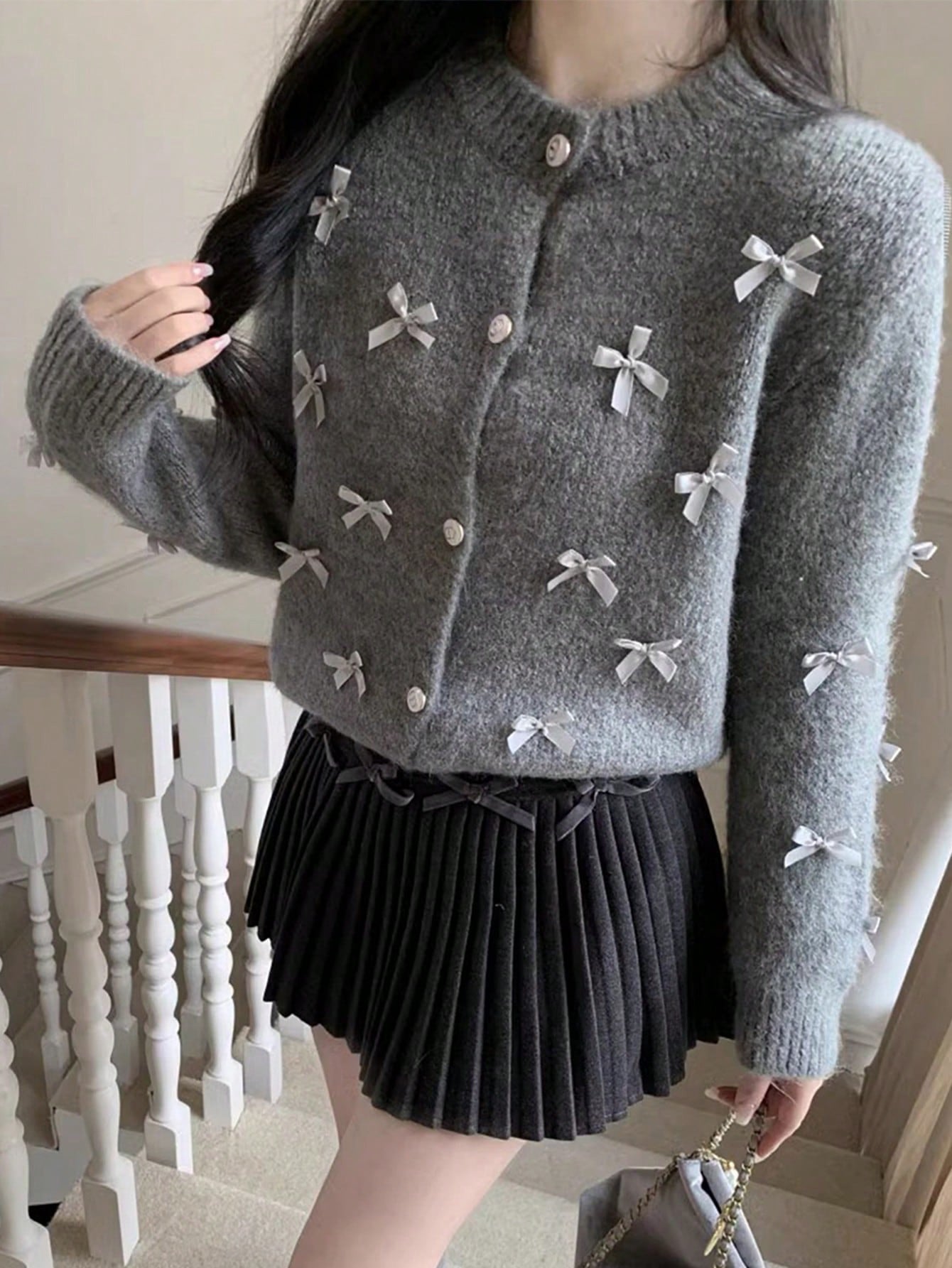 Three Dimensional Bow round Neck Buckle Knitted Cardigan Women Autumn Winter Warm Gentle Sweet Sweater Coat Gray