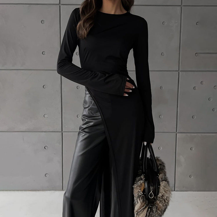 Spring Autumn Irregular Asymmetric Slit Solid Color round Neck Long Sleeved Dress Women Clothing Black