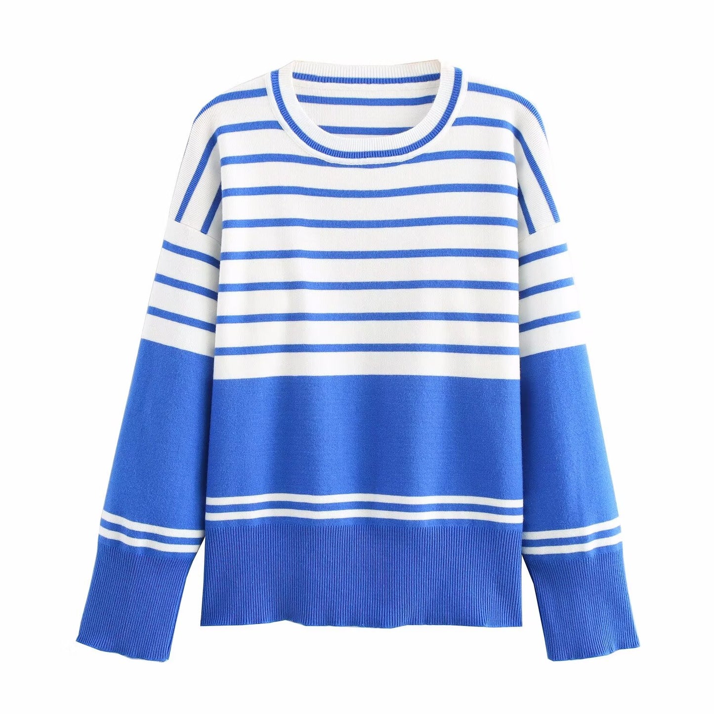 Winter Women Clothing Simple Three Color Striped Knitted Pullover Crew Neck Sweater One Size Blue