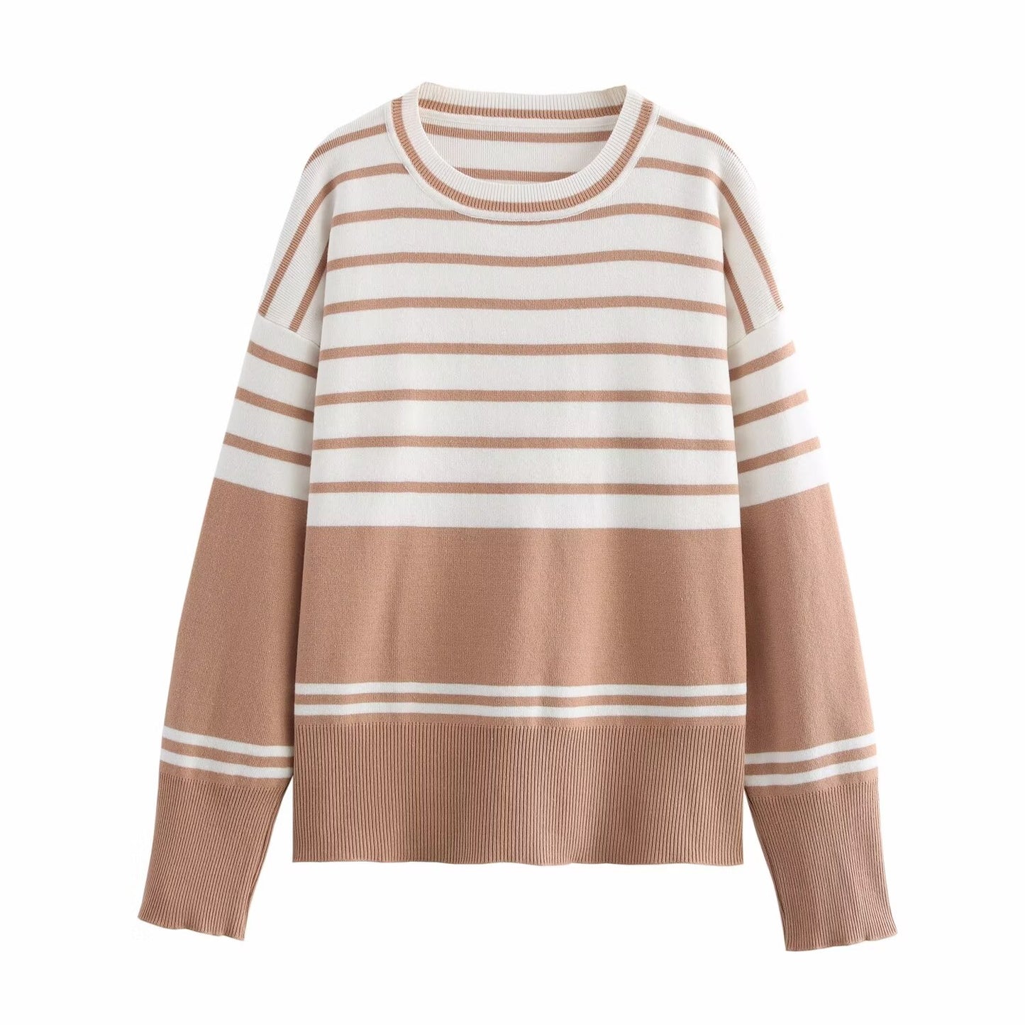 Winter Women Clothing Simple Three Color Striped Knitted Pullover Crew Neck Sweater One Size Brown