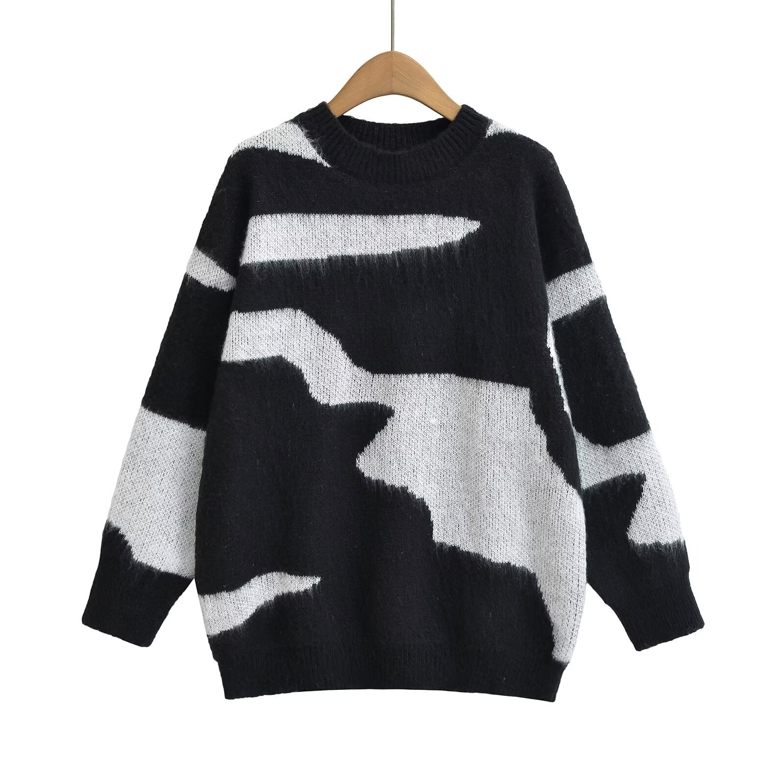 Autumn Women Casual round Neck Long Sleeve Loose Printed Knitted Sweater One Size Black