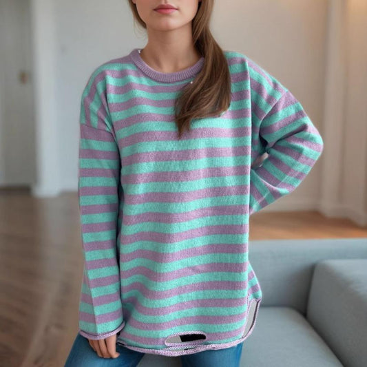 Round Neck Patchwork Stripes Sweater Women Autumn Winter Ripped Casual Loose Knitted Pullover