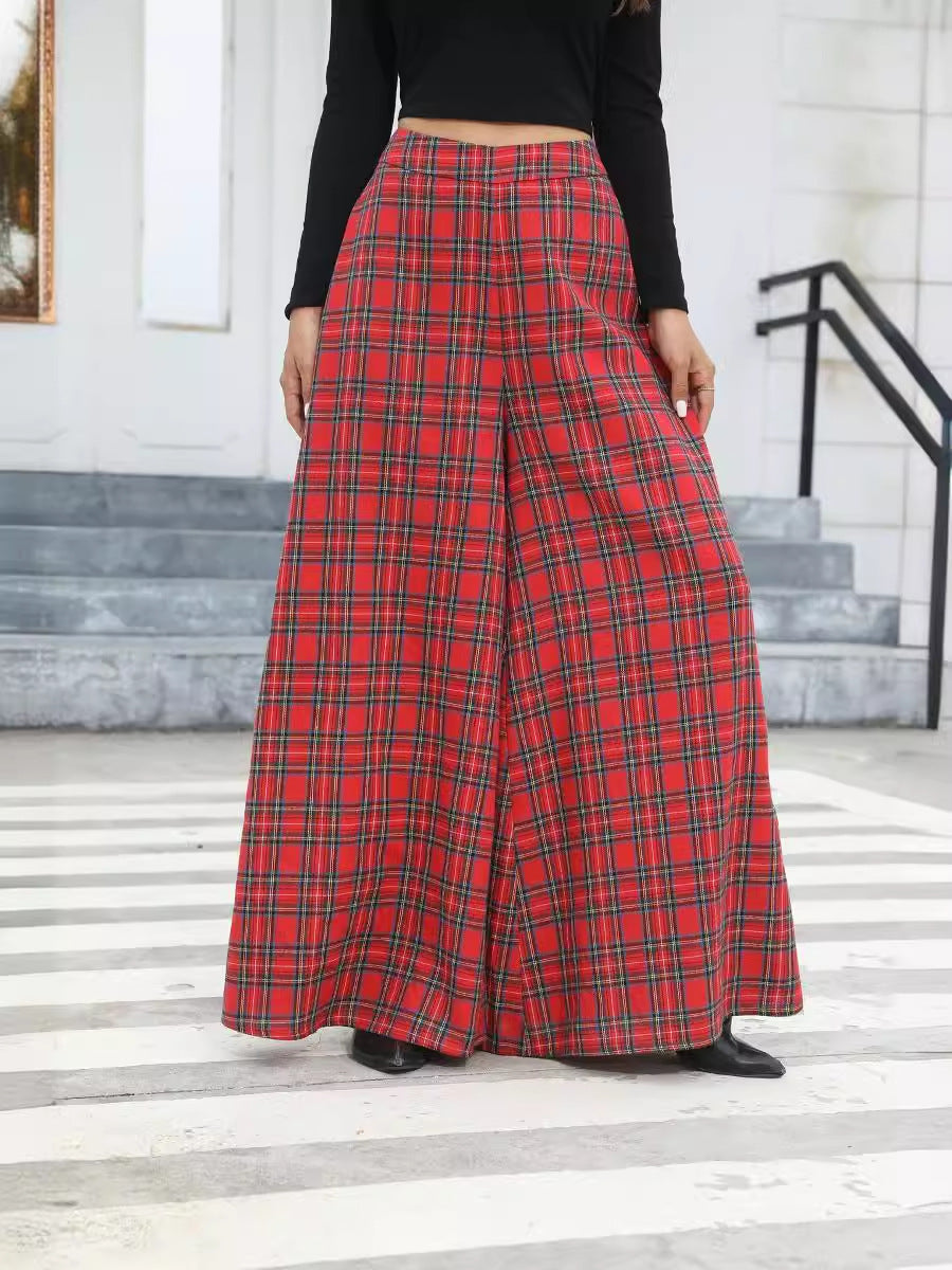 Women Lazy Plaid Drape Show Women Casual Loose Wide Leg Pants Red